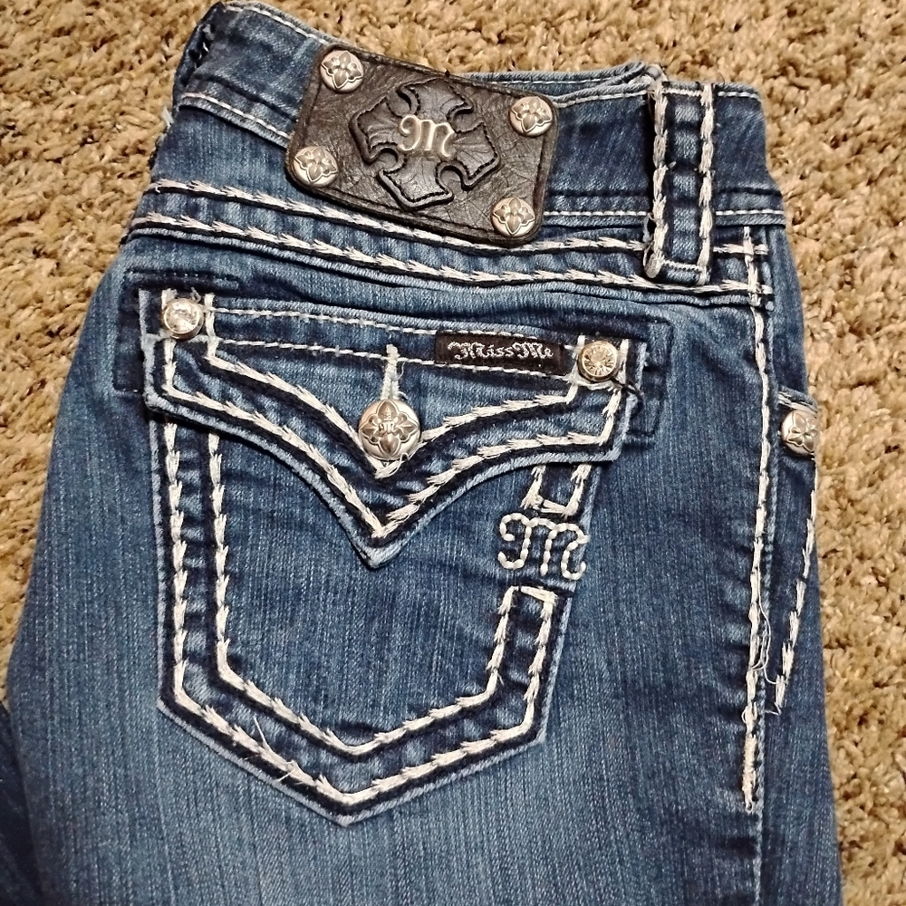 Miss Me Women's Boot Cut Jeans in Dark Blue Denim with White Stitching